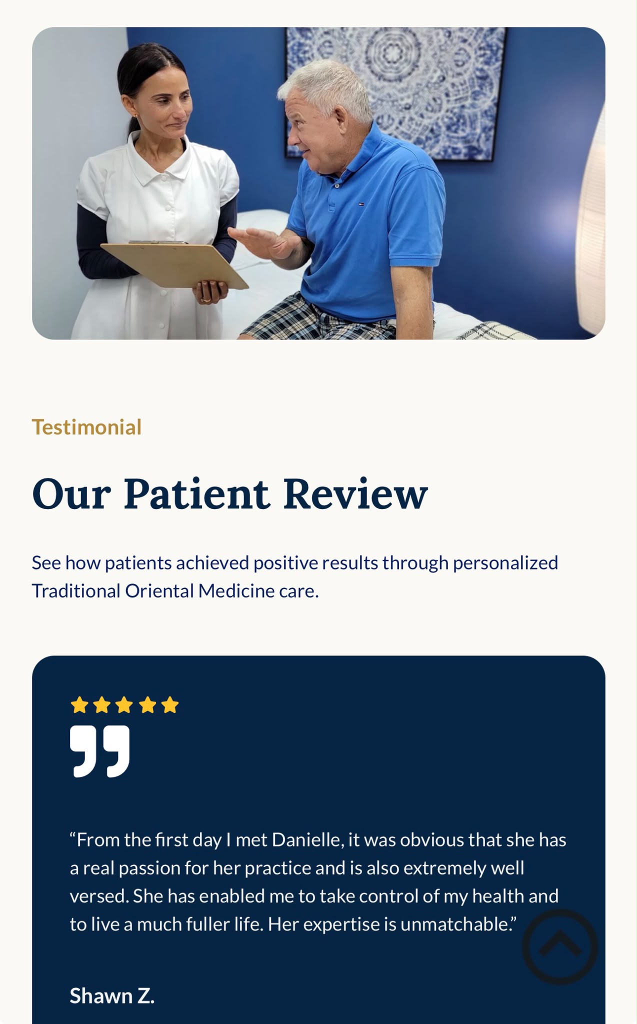 Patient testimonials on mobile, presented as readable cards rather than a wall of text